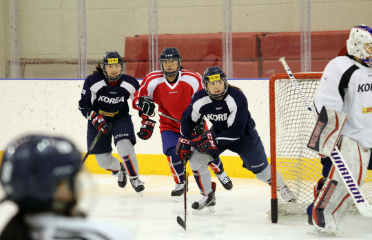 남북 여자 아이스하키팀, 첫 합동훈련 돌입  올림픽 사상 최초로 결성된 여자아이스하키 남북 단일팀이 28일 충북 진천 국가대표선수촌 빙상장에서 첫 합동훈련을 하고 있다.      새러 머리 총감독은 총 35명의 남북 선수를 A팀, B팀으로 나눠 훈련을 진행했다. 2018.1.28 [대한체육회 제공=연합뉴스]